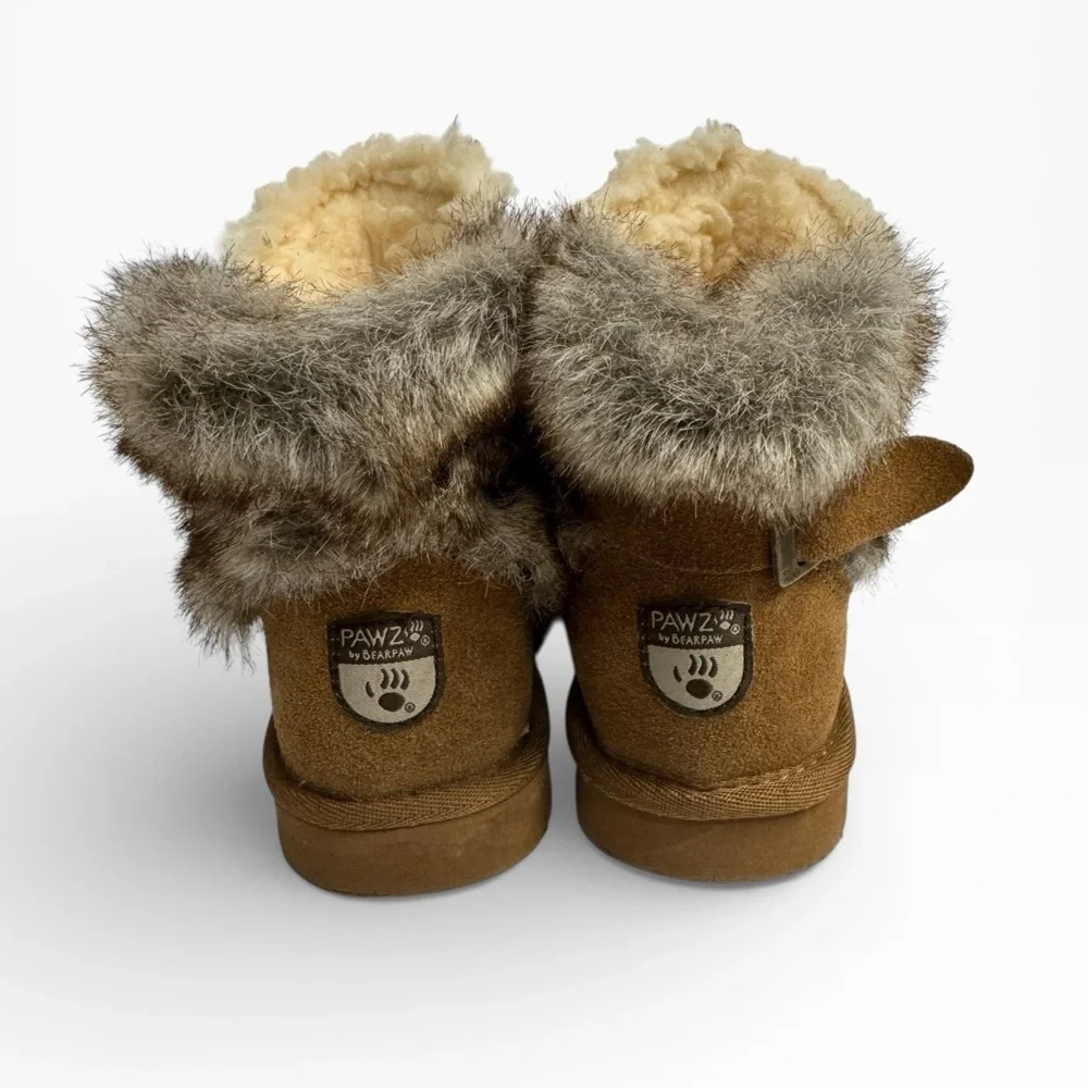 Paws by Bearpaw Chestnut Suede Shorty Boots Fur Lined Buckle Kids US 13